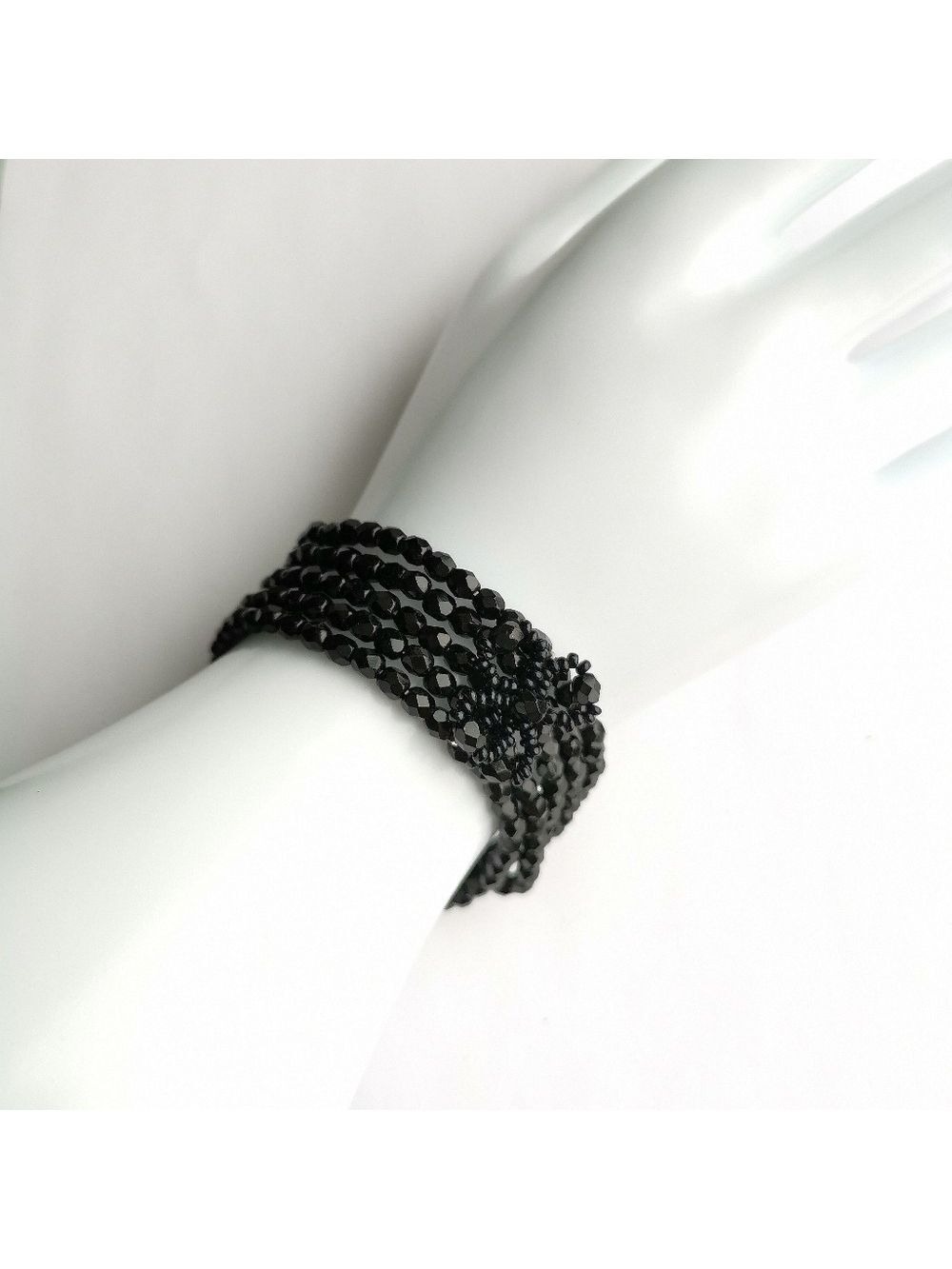 JET BLACK beaded cuff bracelet stretch 🆕